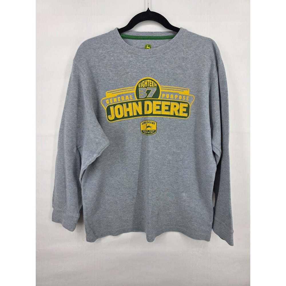 John Deere Mens Large L Gray Waffle Knit Thermal Long Sleeve Graphic Shirt 1837